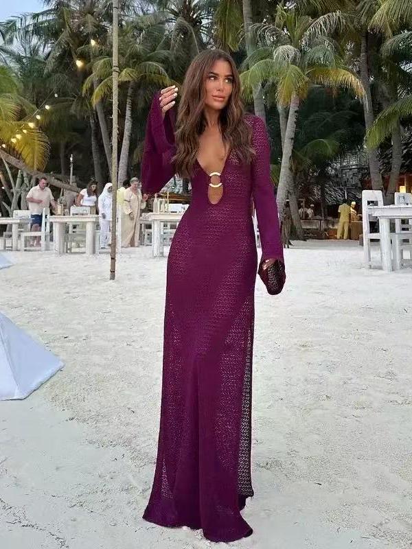 Deep V O‑Ring Crochet Maxi Beach Cover‑Up Dress