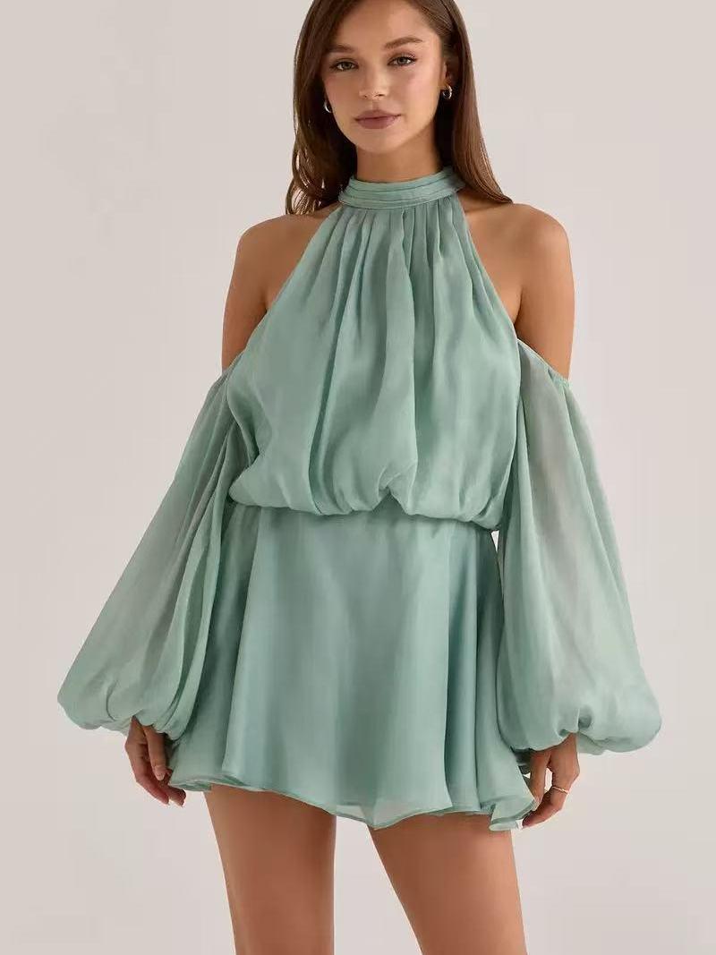 Elara Cold-Shoulder Mini Dress in mint-green chiffon by EXCLUSIVES