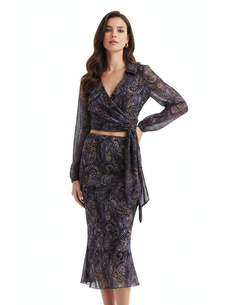 Vintage print wrap top and skirt coord set, navy lace two-piece by EXCLUSIVES