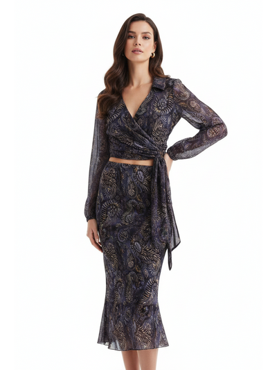 Vintage print wrap top and skirt coord set, navy lace two-piece by EXCLUSIVES