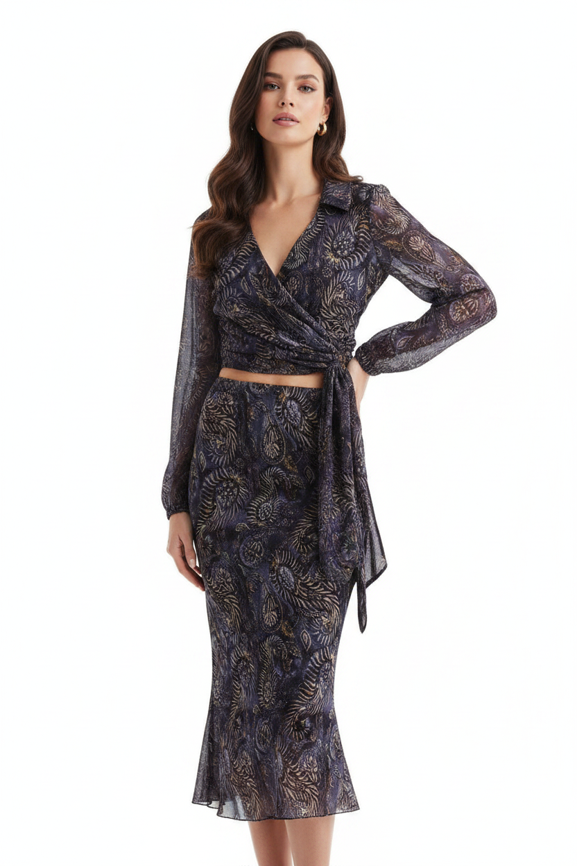 Vintage print wrap top and skirt coord set, navy lace two-piece by EXCLUSIVES