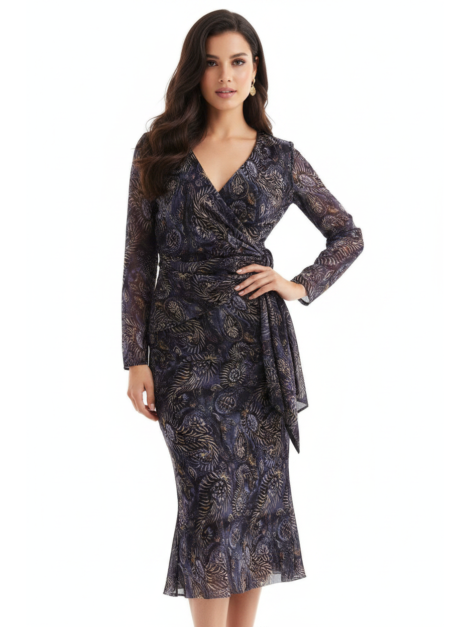 Vintage Print Wrap Top & Skirt Coord Set by EXCLUSIVES, navy with gold metallic leaf pattern