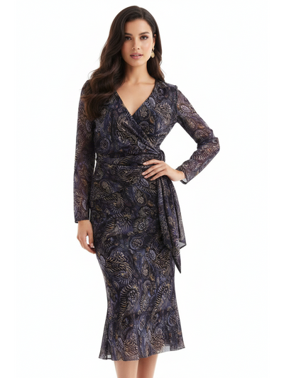 Vintage Print Wrap Top & Skirt Coord Set by EXCLUSIVES, navy with gold metallic leaf pattern