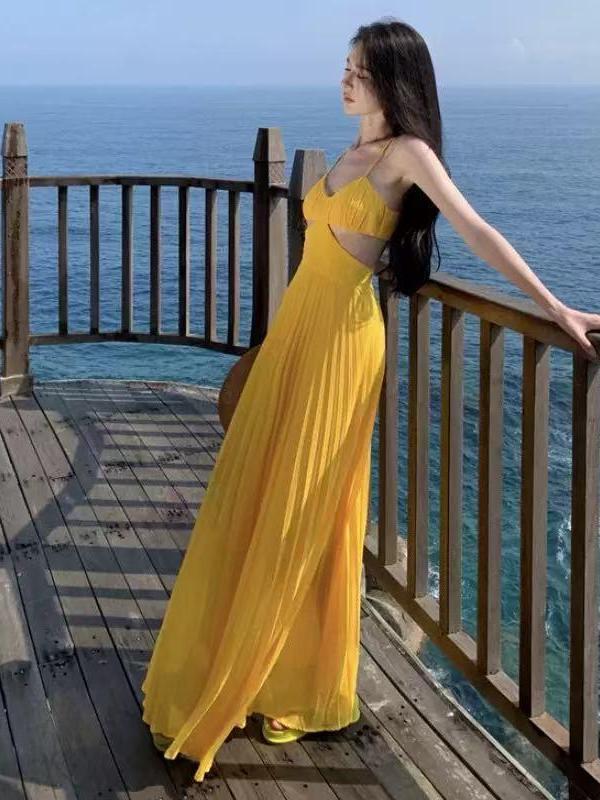 Pleated Spaghetti Strap Cutout Maxi Dress