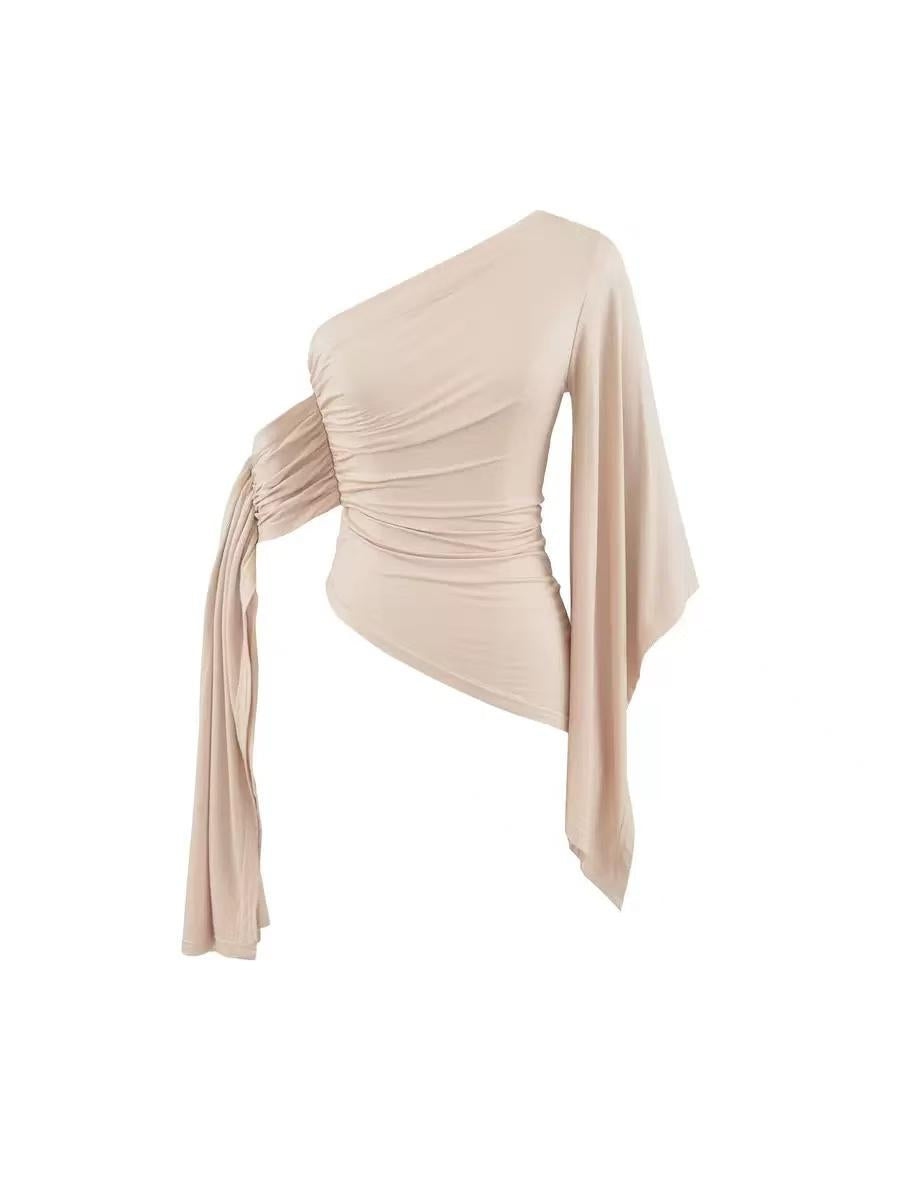 One-Shoulder Draped Sleeve Top by EXCLUSIVES, beige blouse
