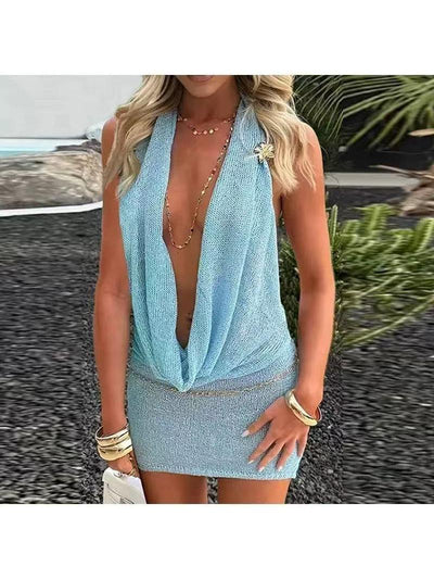 Shimmer Glam Mesh Plunge Halter Dress