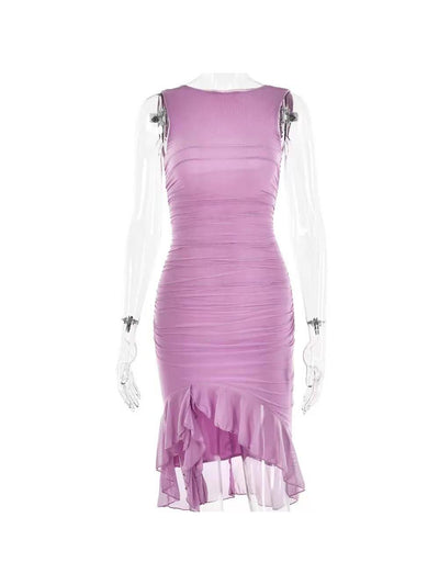 Round Neck Sleeveless Backless Pleated Mesh Midi Dress