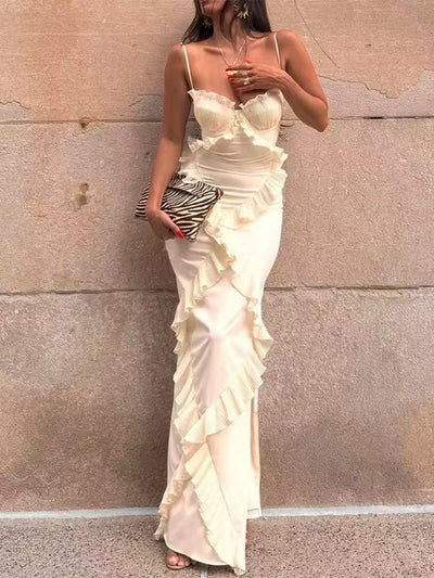 Lamer Spaghetti Strap Ruffle Slit Maxi Dress