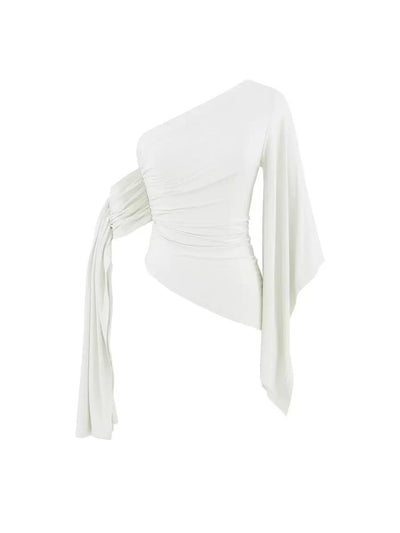 One-Shoulder Draped Sleeve Top, white blouse on sale with ruched waist