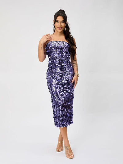 Coin Sequins Tube Slit Midi Dress