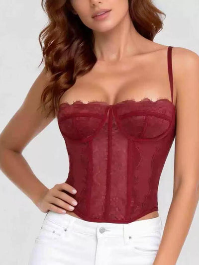 Sheer Mesh Corset Bustier Top in burgundy with lace detailing and adjustable straps
