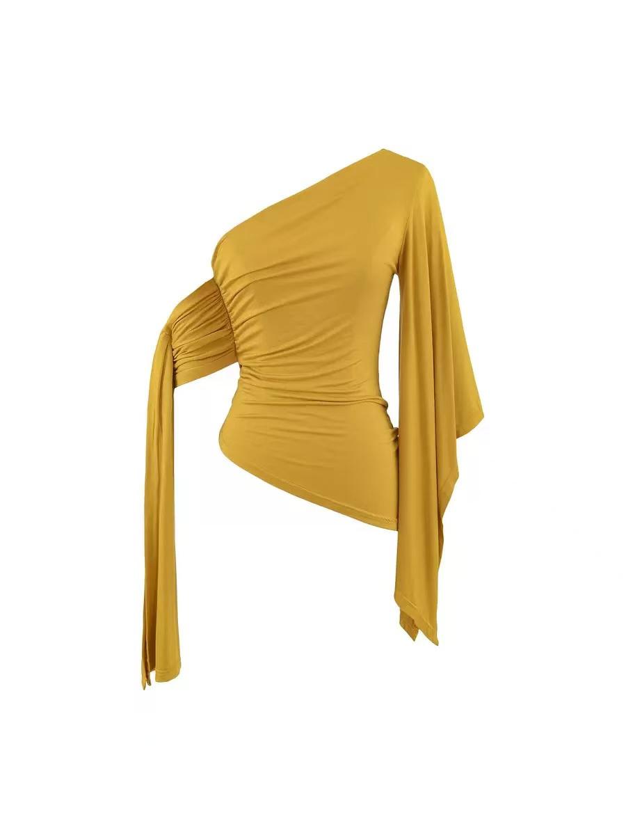 One-Shoulder Draped Sleeve Top by EXCLUSIVES, mustard yellow blouse with a long draped sleeve.
