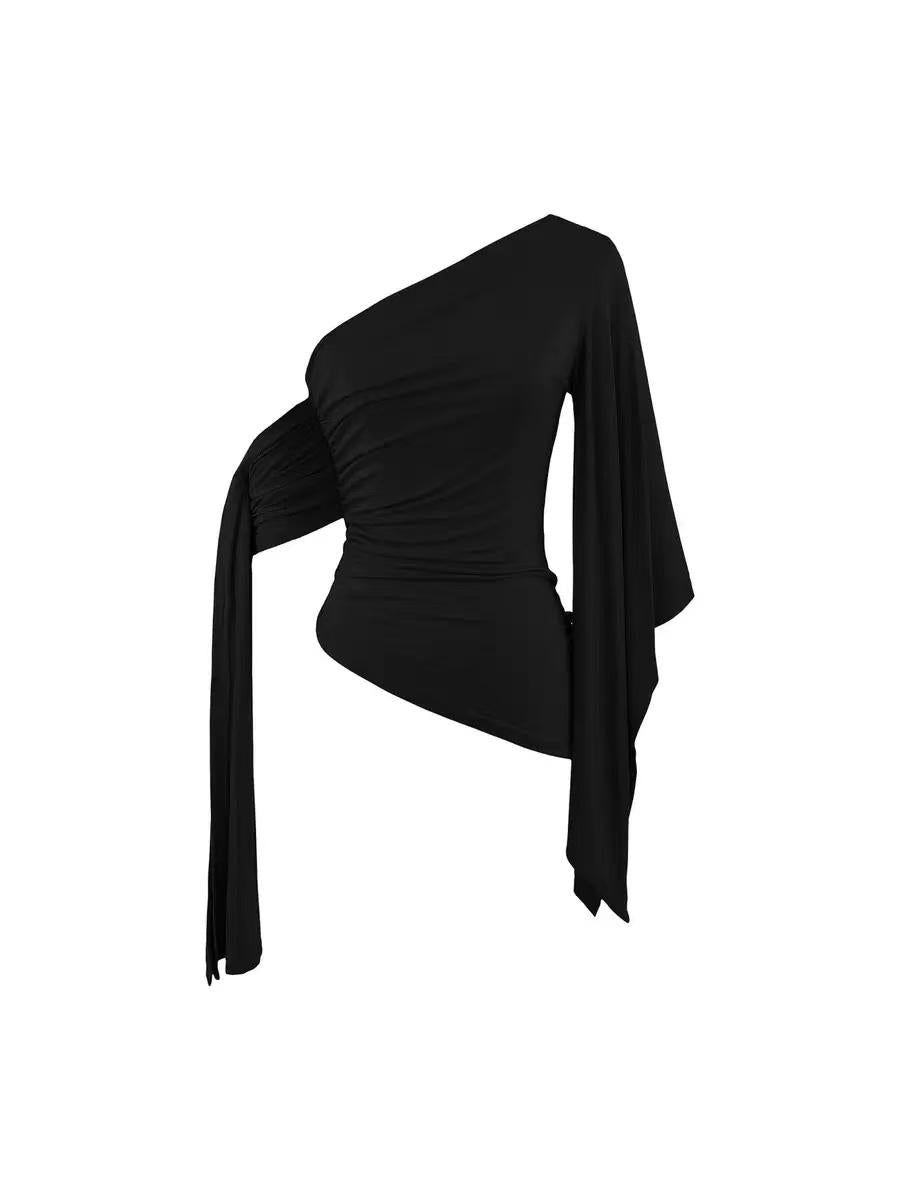 One-Shoulder Draped Sleeve Top by EXCLUSIVES, black blouse with ruched bodice and long draped sleeve.