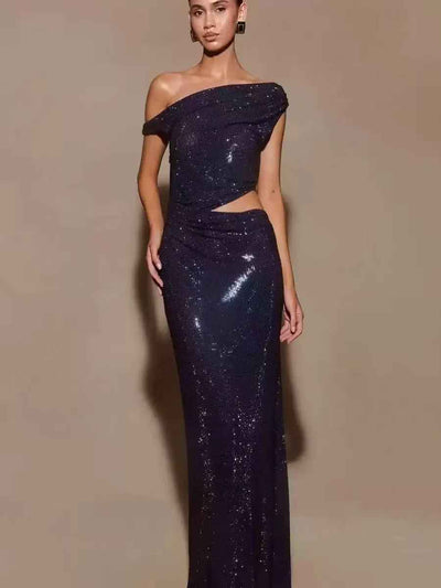 One-Shoulder Cutout Sparkle Maxi Dress in navy sequins