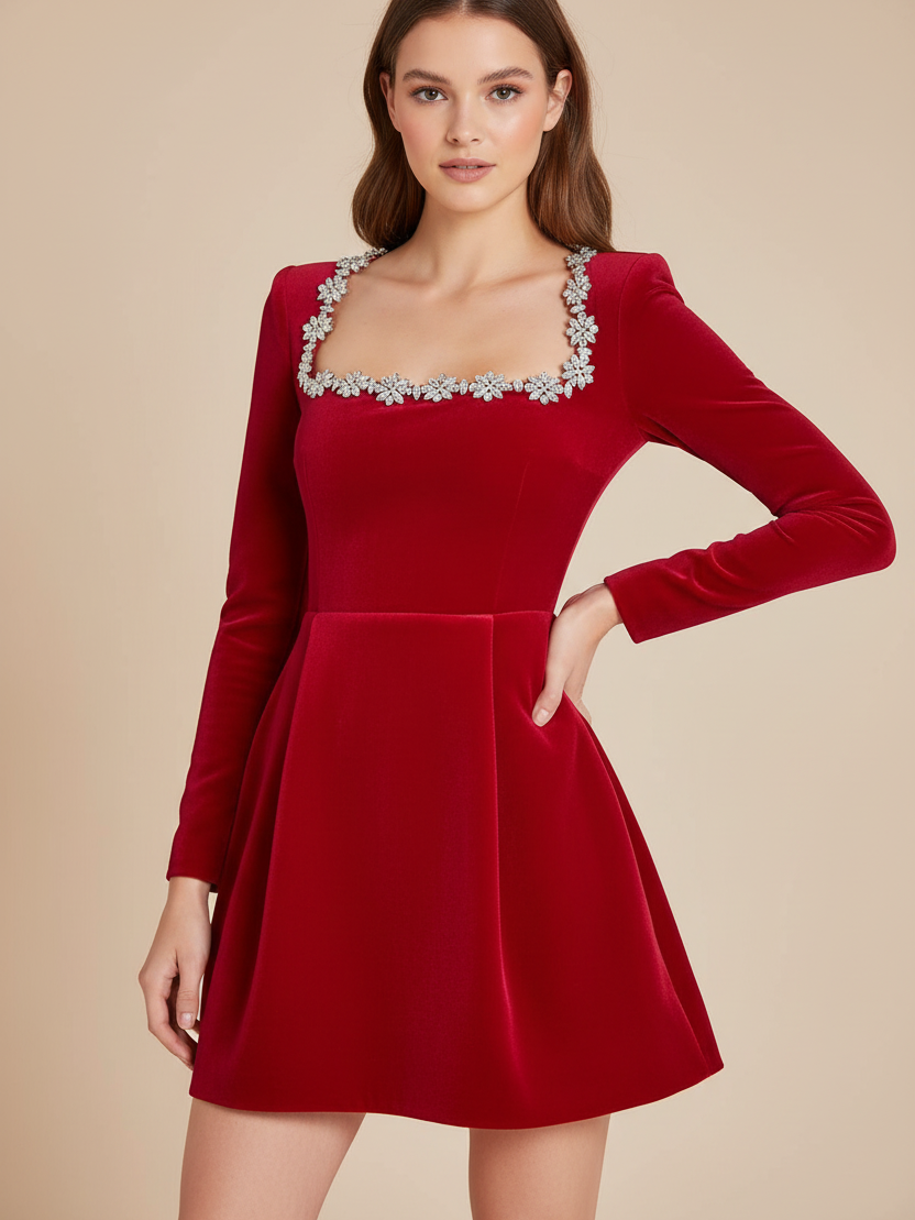 Rhinestone Floral Applique Velvet Short Dress by EXCLUSIVES, red velvet with crystal neckline