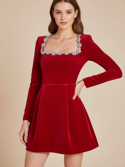 Rhinestone Floral Applique Velvet Short Dress by EXCLUSIVES, red velvet with crystal neckline