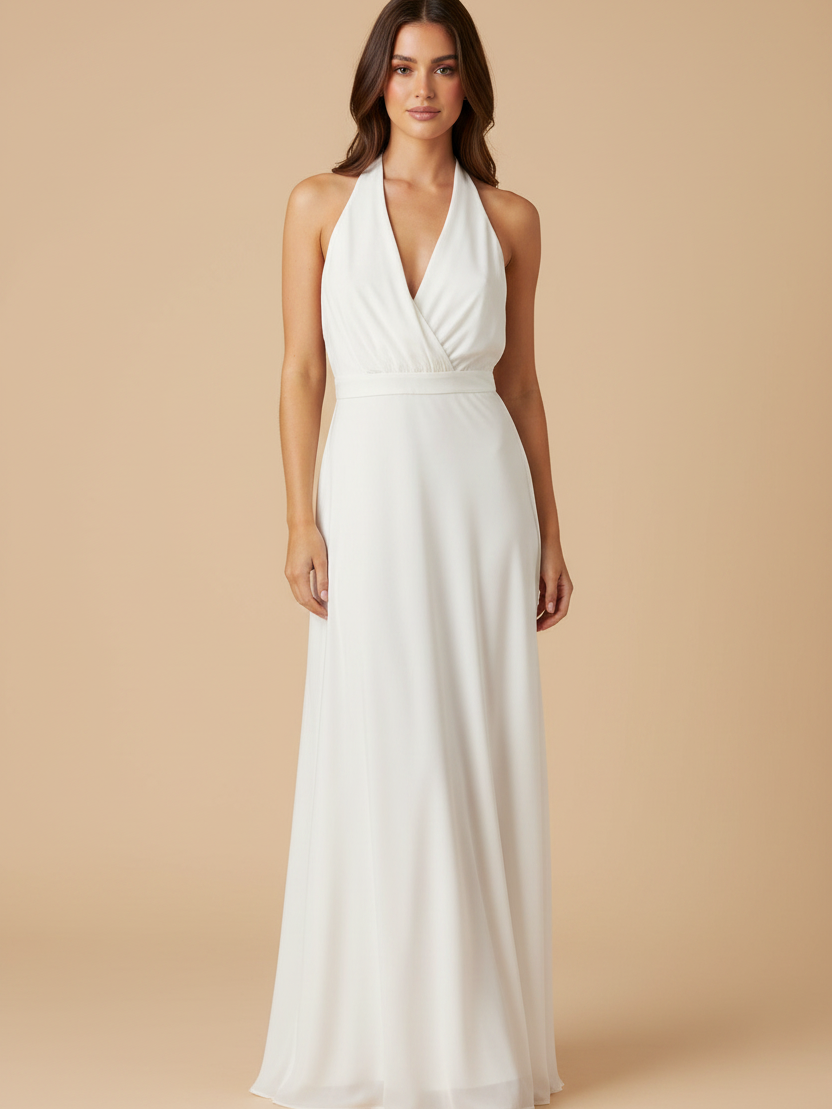 Halter neck draped white maxi dress by Exclusives, wrapped bodice with wide waistband