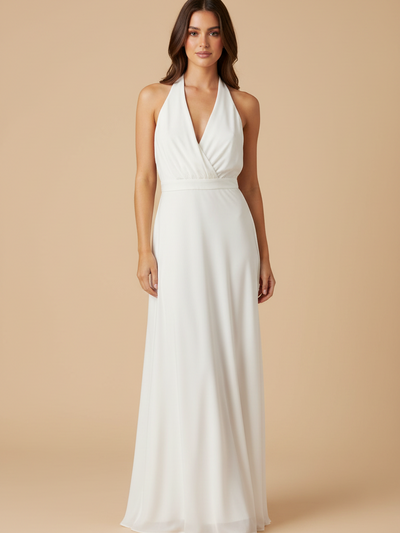 Halter neck draped white maxi dress by Exclusives, wrapped bodice with wide waistband
