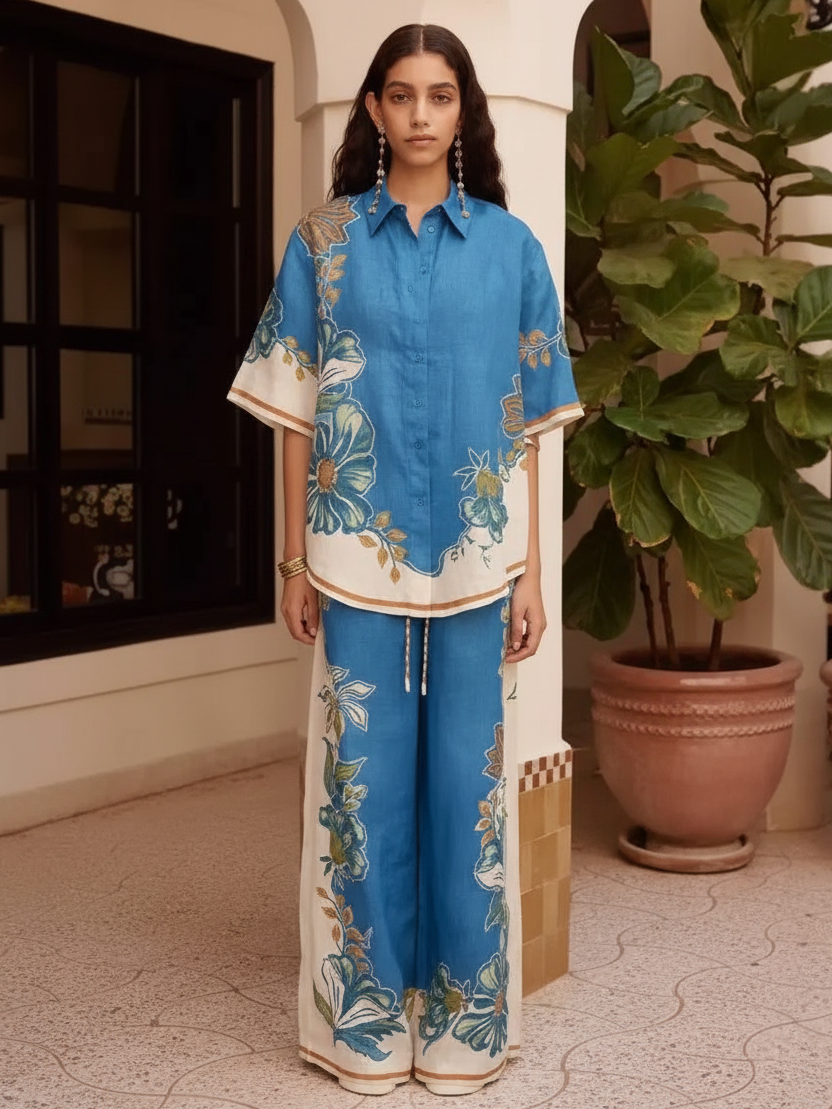 Floral Border Print Shirt & Wide-Leg Pants Set, blue two-piece outfit by Exclusives
