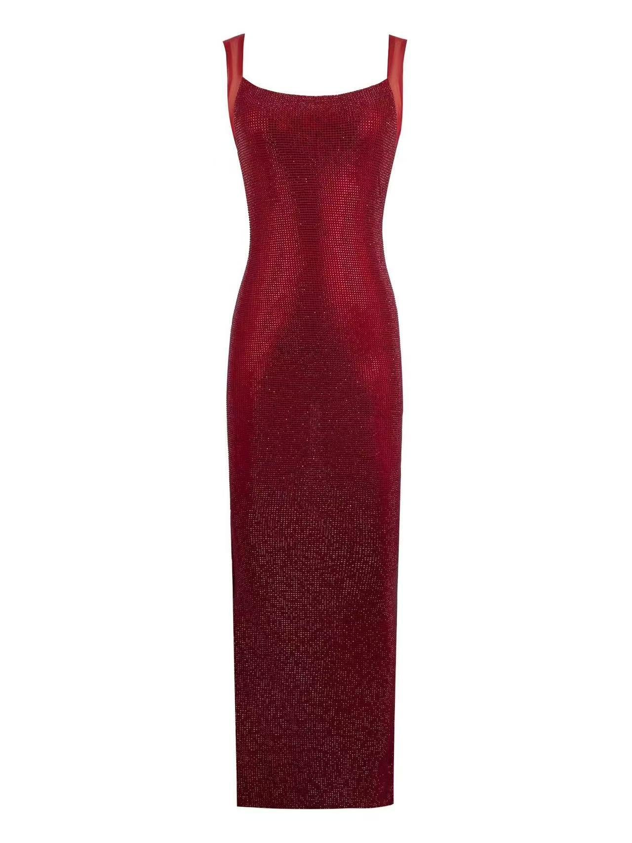 Scoop Neckline Backless Rhinestone Mesh Dress