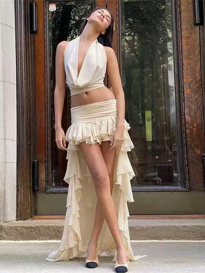 Cowl Neck Ruffle Mesh Asymmetric Skirt Coord Set Set
