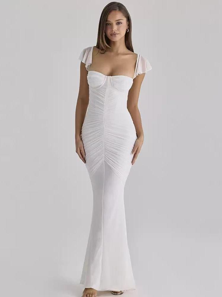 Blush Muse Ruched Mermaid Maxi Dress, white, floor-length with front ruching and flutter sleeves