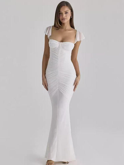 Blush Muse Ruched Mermaid Maxi Dress, white, floor-length with front ruching and flutter sleeves