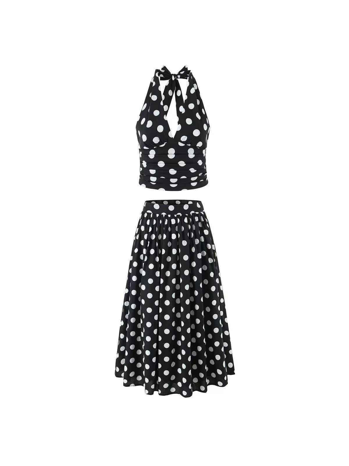 Retro Polka-Dot Halter Top & Midi Skirt Set