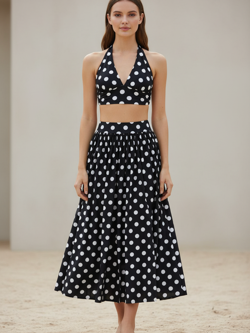 Retro Polka-Dot Halter Top & Midi Skirt Set