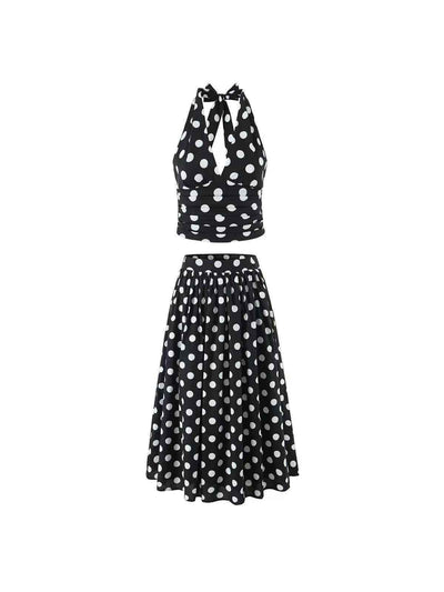 Retro Polka-Dot Halter Top & Midi Skirt Set