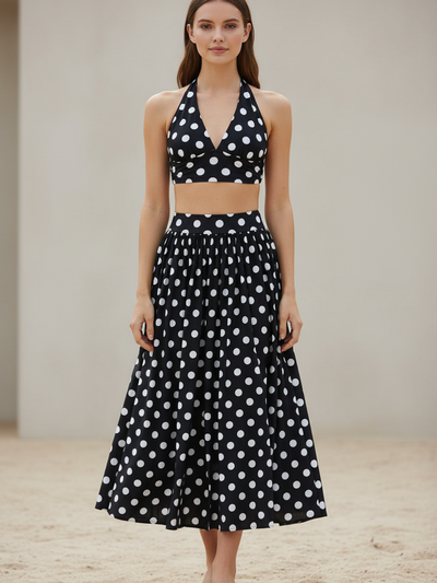 Retro Polka-Dot Halter Top & Midi Skirt Set