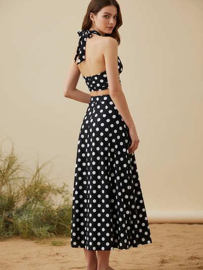 Retro Polka-Dot Halter Top & Midi Skirt Set