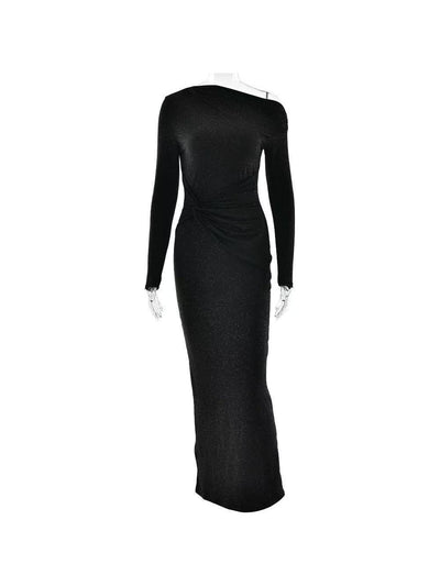 One Shoulder Shimmer Ruched Full Sleeves Maxi Dress