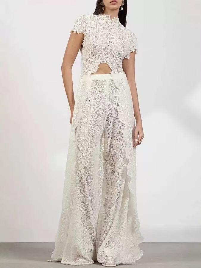 EXCLUSIVES Celeste Lace Wide-Leg Co-ord Set, white lace two-piece outfit on sale