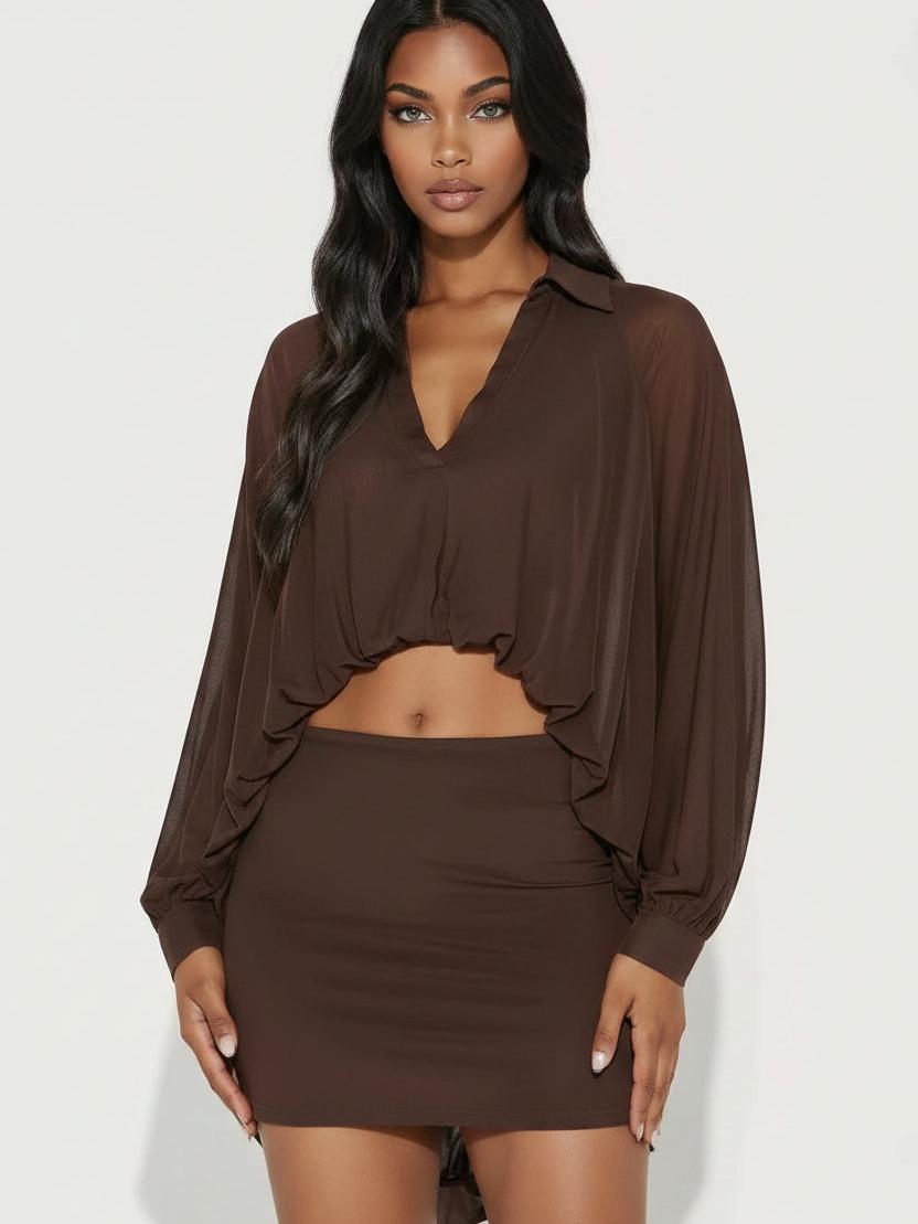Batwing Draped Crop Top Mini Skirt Set
