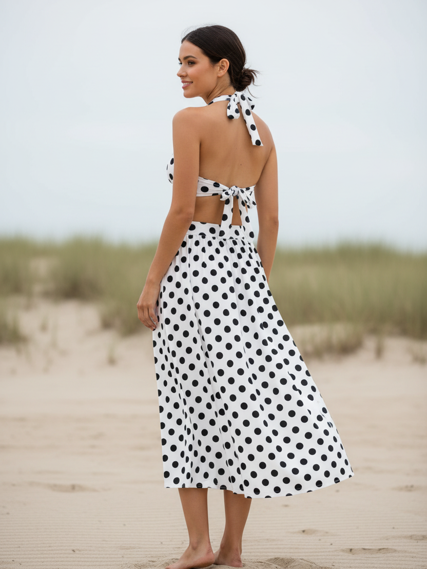 Retro Polka-Dot Halter Top & Midi Skirt Set