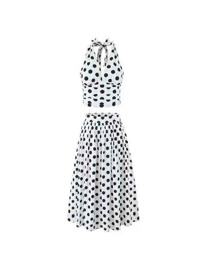 Retro Polka-Dot Halter Top & Midi Skirt Set