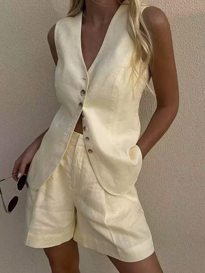 White linen vest and shorts co‑ord set