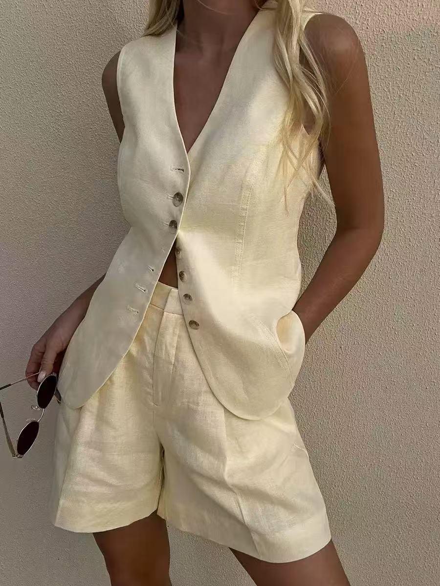 White linen vest and shorts co‑ord set