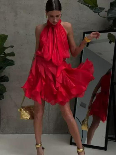 Sienna Ruffle Halter Mini Dress in red with a dramatic, voluminous layered ruffle skirt on sale.