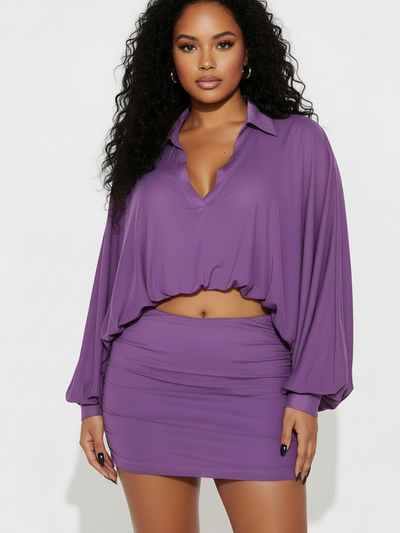 Batwing draped crop top and mini skirt set by Exclusives in purple