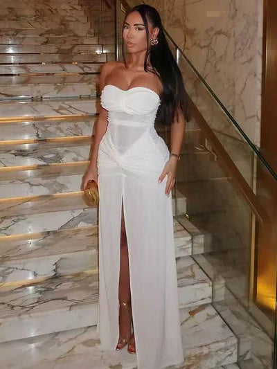 Strapless ruched slit maxi dress