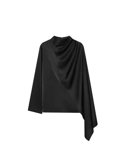 Asymmetric Drape Satin Top, black satin blouse by Exclusives with draped front and asymmetric sleeve detail.