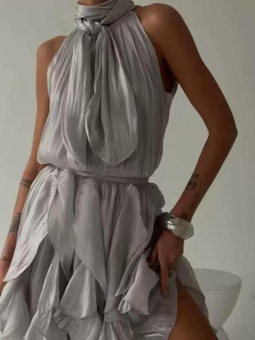 Sienna Ruffle Halter Mini Dress in metallic gray with tiered ruffle skirt and halter neckline on sale