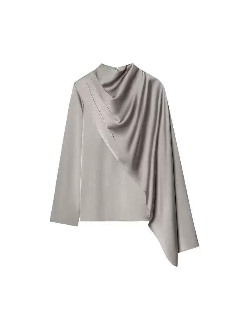 Asymmetric Drape Satin Top by Exclusives, light gray satin blouse on sale
