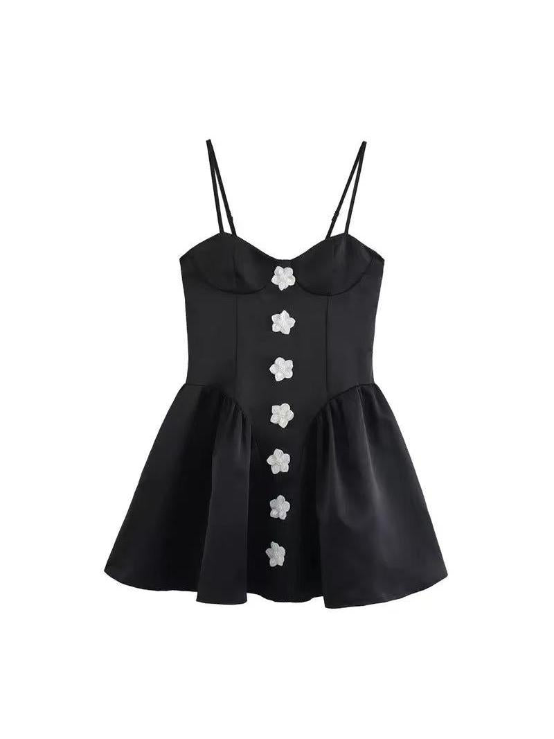 Flower Applique Ruffle Black Short Dress