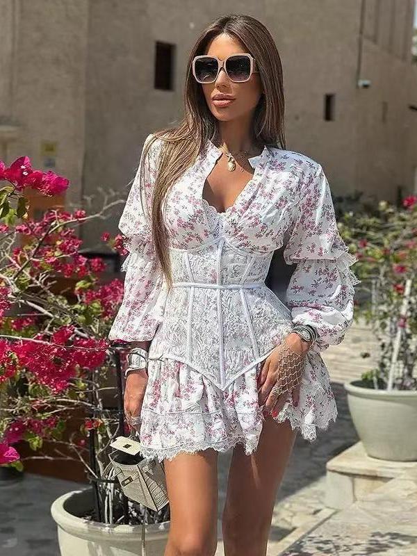 Floral Print Boning Corset Short Sleeves Dress
