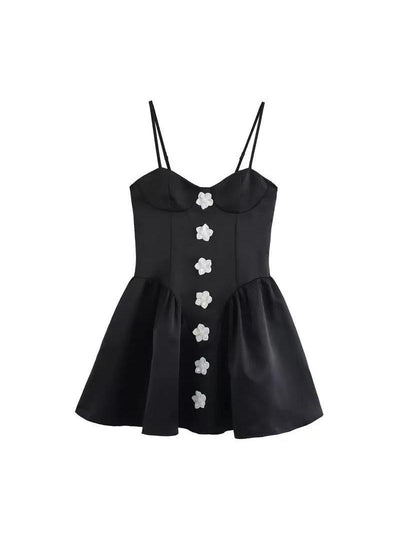 Flower Applique Ruffle Black Short Dress