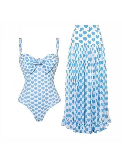Heart Bow Swimsuit & Pleated Skirt Swimsuit Set