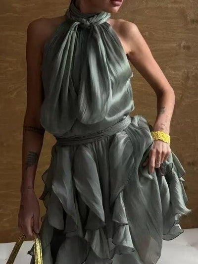 Sienna Ruffle Halter Mini Dress in sage green satin